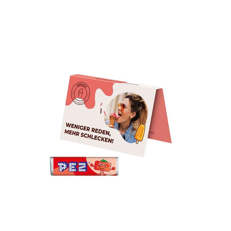 Werbekarte Visitenkartenformat, PEZ Bonbonriegel Erdbeere