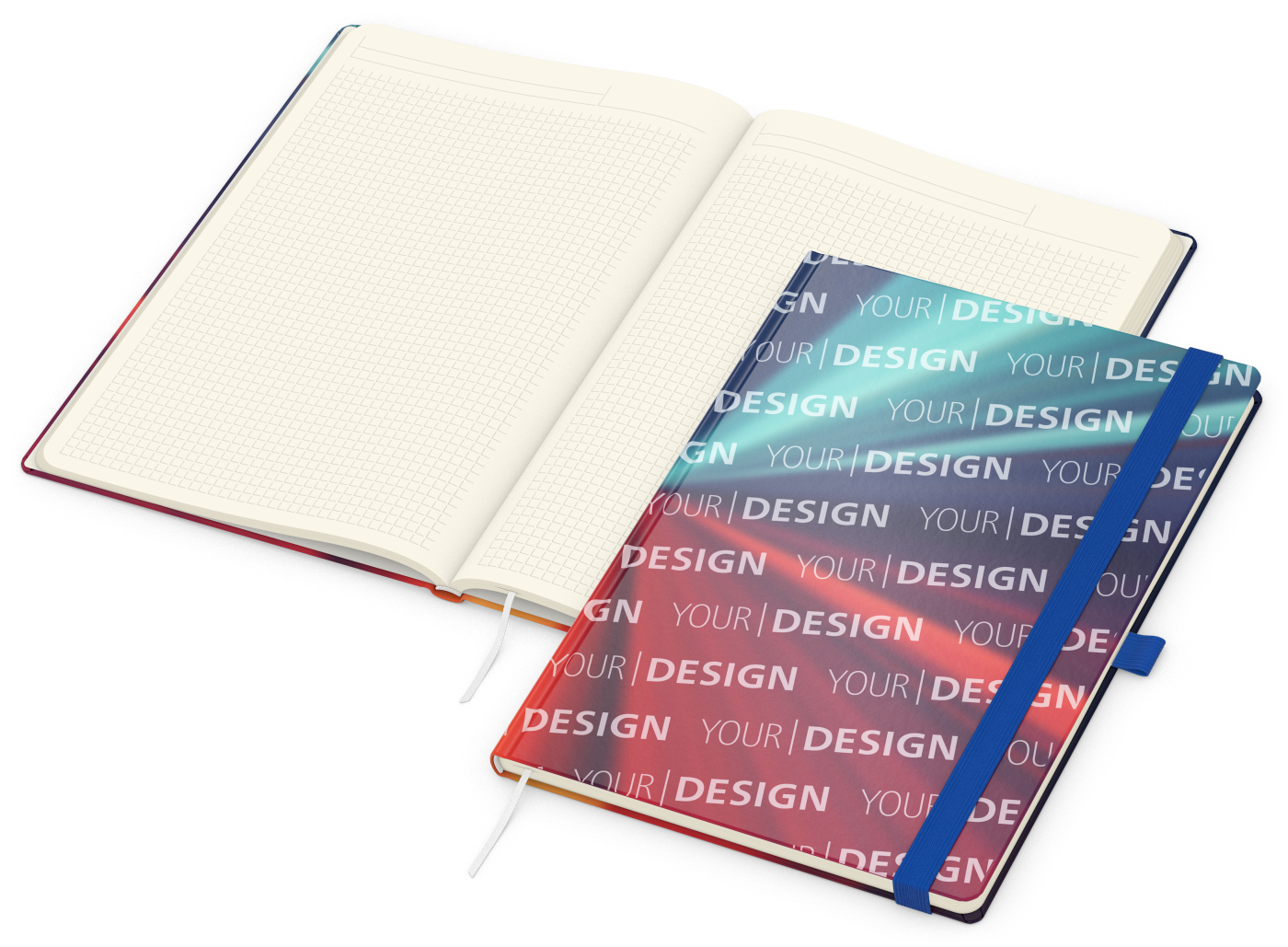 Notizbuch Match-Book Creme Bestseller, A4, Cover-Star, matt-individuell, mittelblau