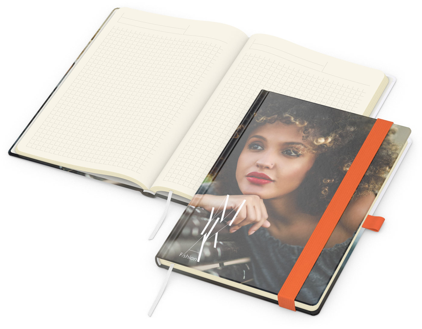 Notizbuch Match-Book Creme Bestseller, A5, Cover-Star, matt-individuell, orange