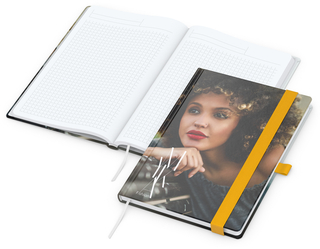Notizbuch Match-Book White Bestseller, A5, Cover-Star, matt-individuell, gelb