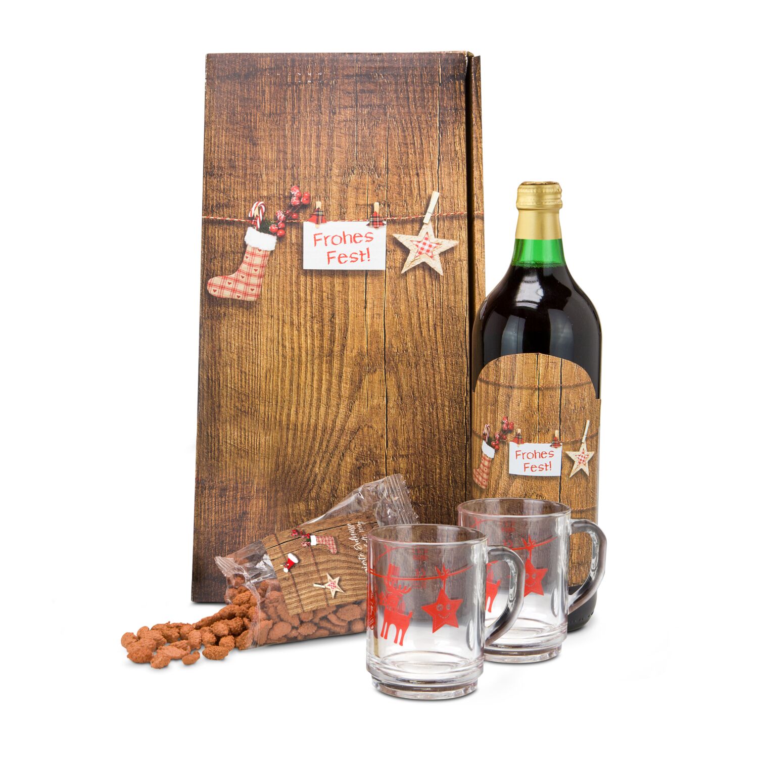 Der kleine Weihnachtsmarkt für zu Hause: 1 Liter Glühwein, 2 Glühweintassen (200 ml) mit winterlichem Dekor & 100 g dragierte Erdnüsse.