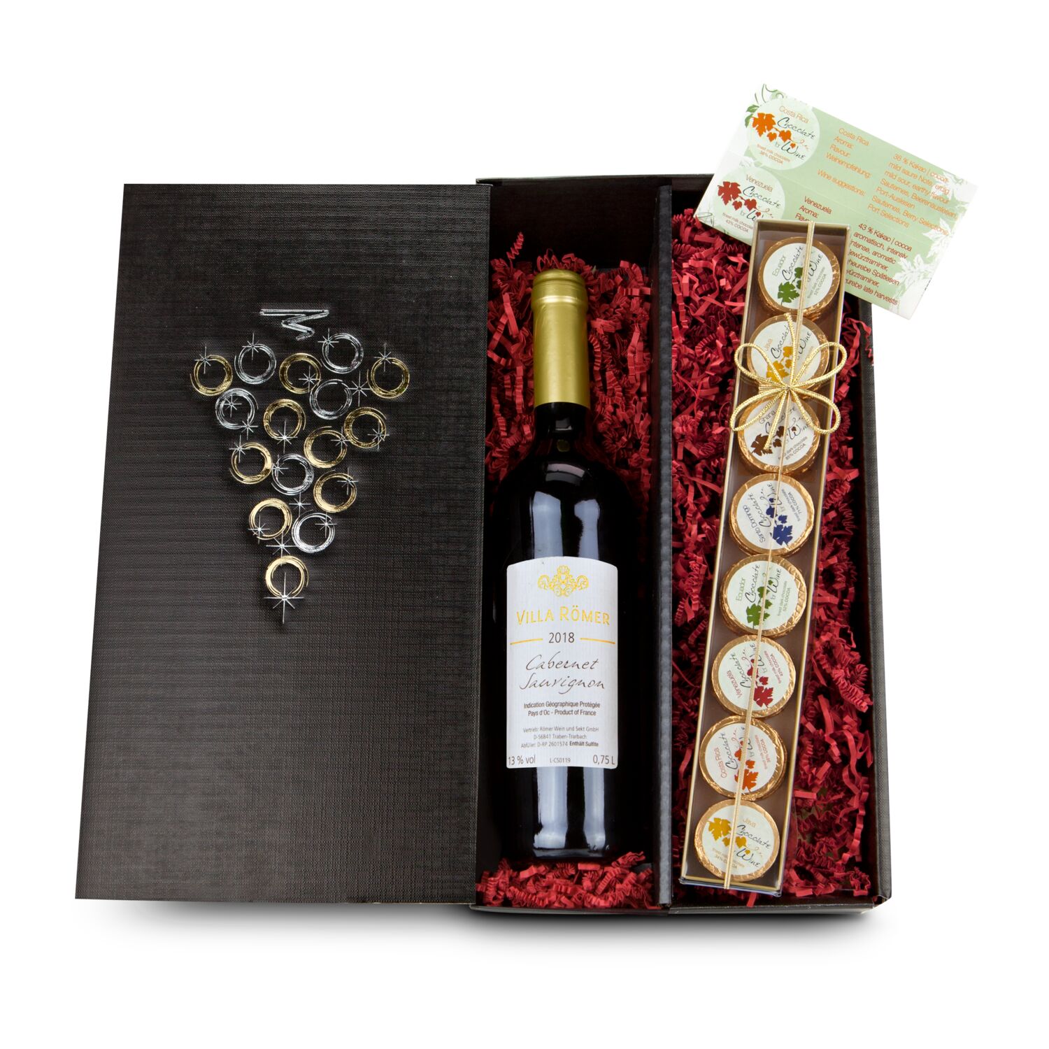 Die perfekte Kombination! Die 32 Schokoladen Goldtaler (je 8 g) kombiniert mit der 0,75 l Flasche Cabernet Sauvignon sind ein purer Genuss.