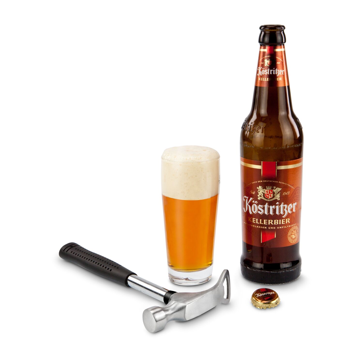 Feierabend für echte Männer - aber nicht den Hammer fallen lassen! Dieser Hammer dient als Flaschenöffner für die Flasche Kellerbier (0,5 l)