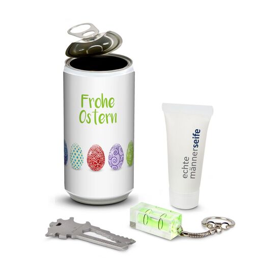 Echte Männerdose: an die Werkzeuge fertig los! 1 Multitool (sortiert) als Schlüsselanhänger, 1 Mini Wasserwaage, 1 Tube Duschgel.