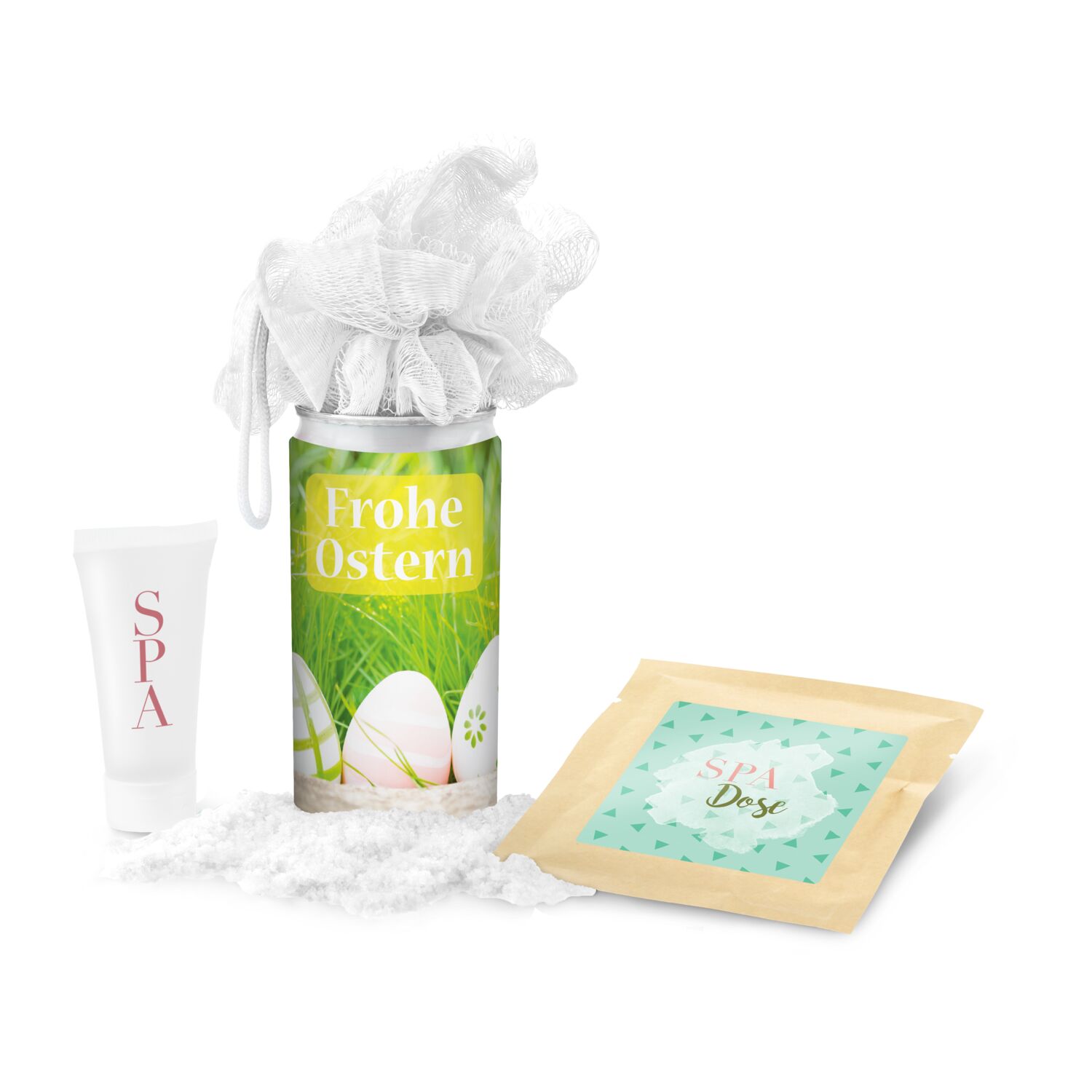 SPA Dose - für alle Frauen: 1 Mesh-Schwamm, 1 Badesalz und 1 Duschgel in einer innovativen Geheimnisdose mit fröhlichen Oster-Grüßen