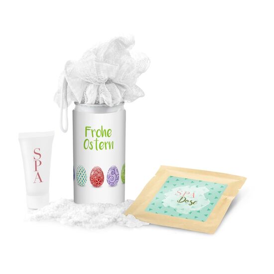 SPA Dose - für alle Frauen: 1 Mesh-Schwamm, 1 Badesalz und 1 Duschgel in einer innovativen Geheimnisdose mit fröhlichen Oster-Grüßen