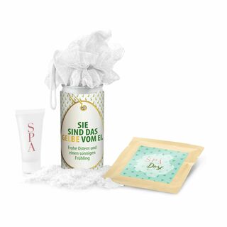 Geschenkset / Präsenteset: SPA Dose Ostern - Etikett Sie sind das Gelbe vom Ei 2K1223e
