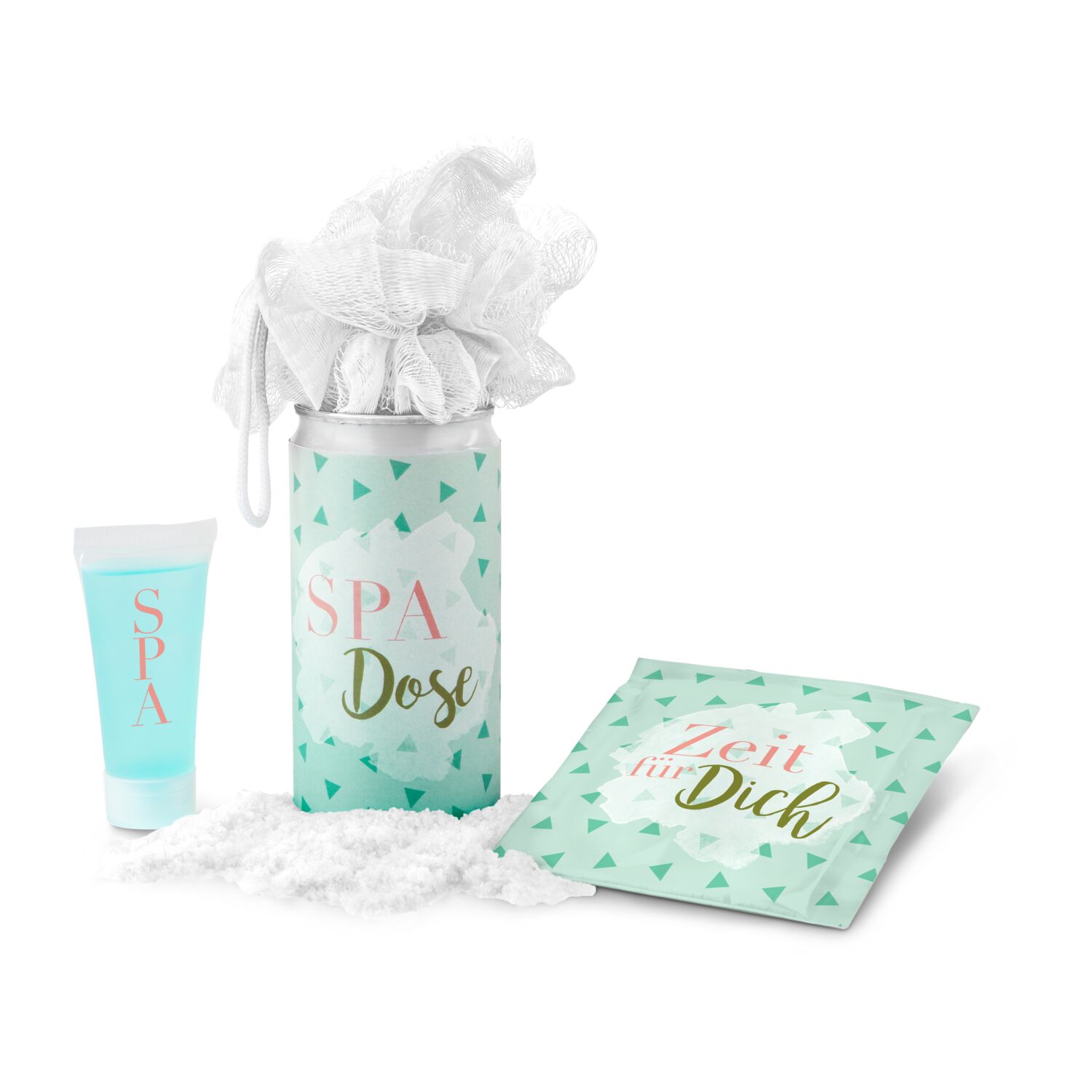 SPA Dose - für alle Frauen: je 1 Mesh-Schwamm, Badesalz & Duschgel in einer innovativen Geheimnisdose mit mehrsprachigem Danke Etikett!