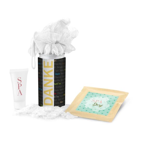 SPA Dose - für alle Frauen: je 1 Mesh-Schwamm, Badesalz & Duschgel in einer innovativen Geheimnisdose mit mehrsprachigem Danke Etikett!