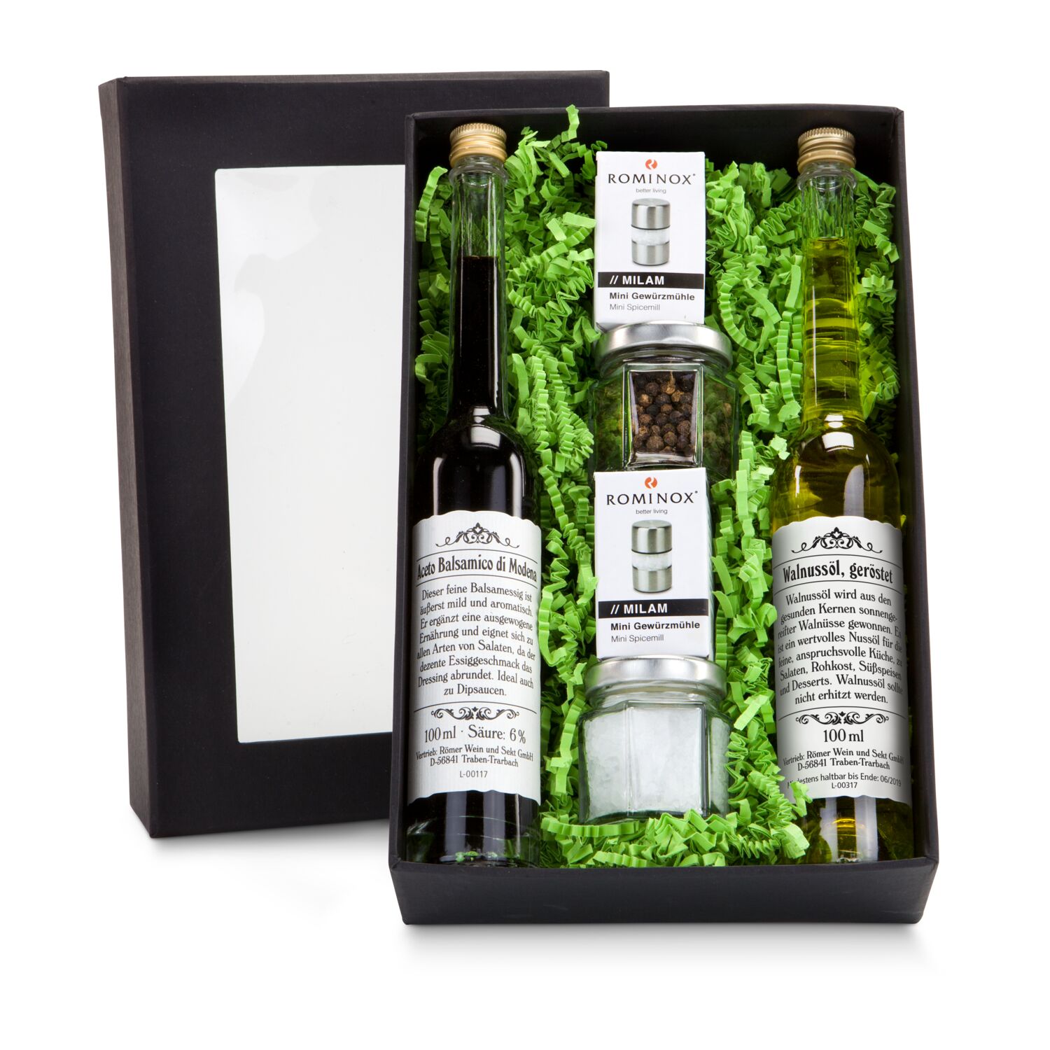 Dieses Set enthält je 1 Flasche Aceto Balsamico Essig und Walnussöl, ein Glas Pfefferkörner, grobes Meersalz & 2 ROMINOX® Mühlen.