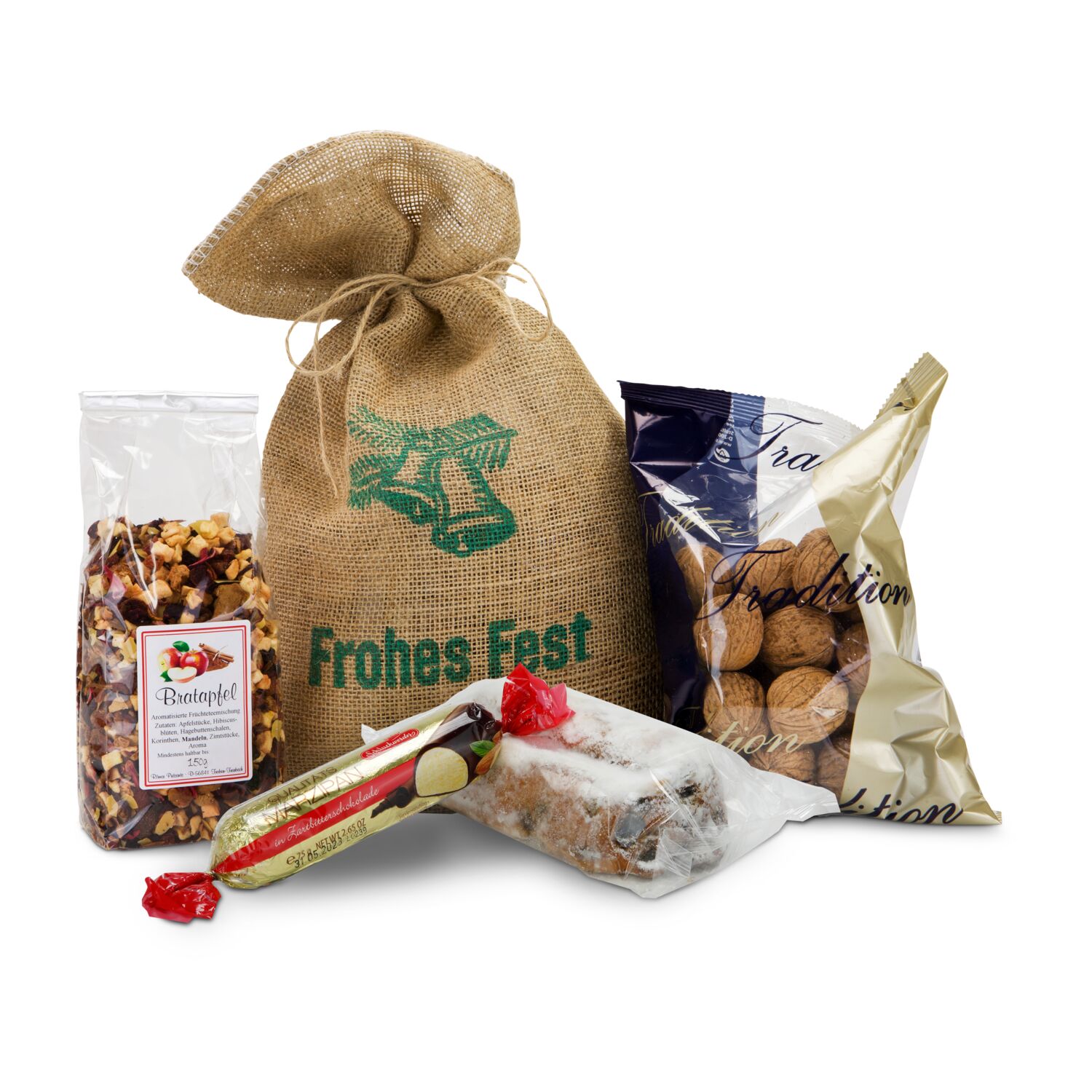 Ein Jutesack mit Aufdruck gefüllt mit Nüssen (400 g), Stollen (200 g), Bratapfel-Früchtetee (150 g) und schokoliertem Marzipanbrot (75 g).