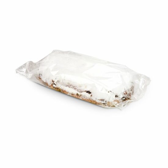 750 g feinster Christstollen mit Rosinen, Orangeat und Zitronat. Verpackt in Klarsichtfolie und mit Banderole.