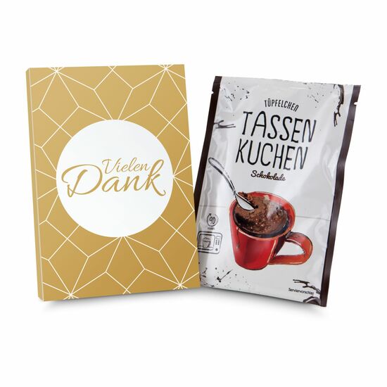 Eine Backmischung (70 g) für einen Schokoladenkuchen in der Tasse in Verpackung „Vielen Dank“.