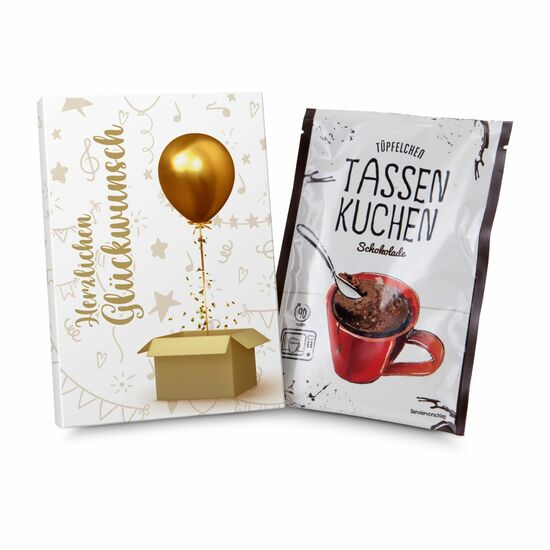 Eine Backmischung (70 g) für einen Schokoladenkuchen in der Tasse in „Herzlichen Glückwunsch“ Verpackung