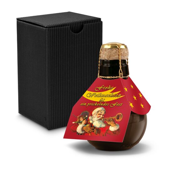Die kleinste Sektflasche der Welt mit Sekt brut und einer Weihnachtsmanschette: Ein fröhlicher Weihnachtsgruß! In schwarzer Schmuckwelle.