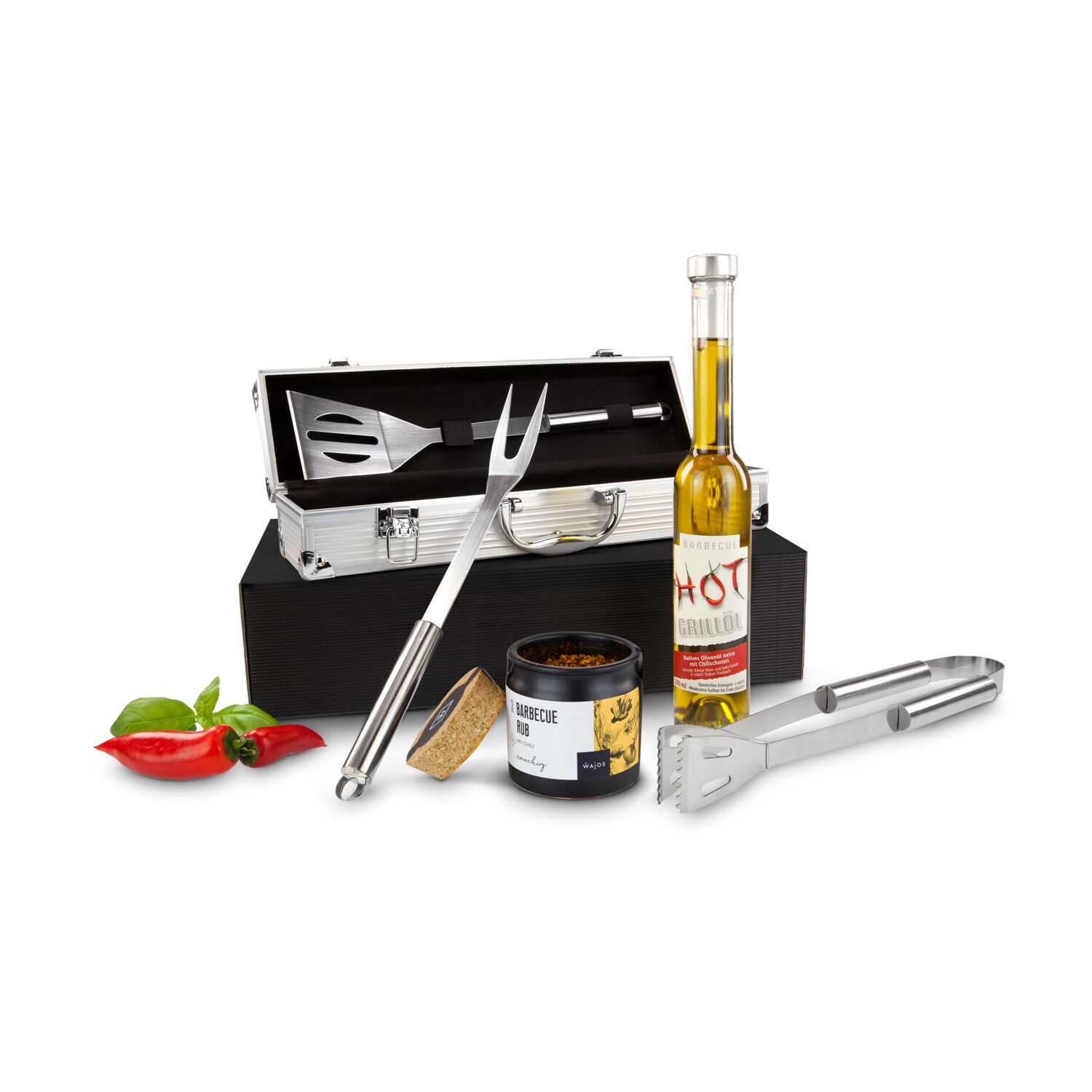 Der Aluminiumgrillkoffer von ROMINOX® enthält Wender, Gabel & Zange aus hochwertigem Edelstahl. Dazu Chili-Grill Öl & 1 BBQ-Gewürzmischung