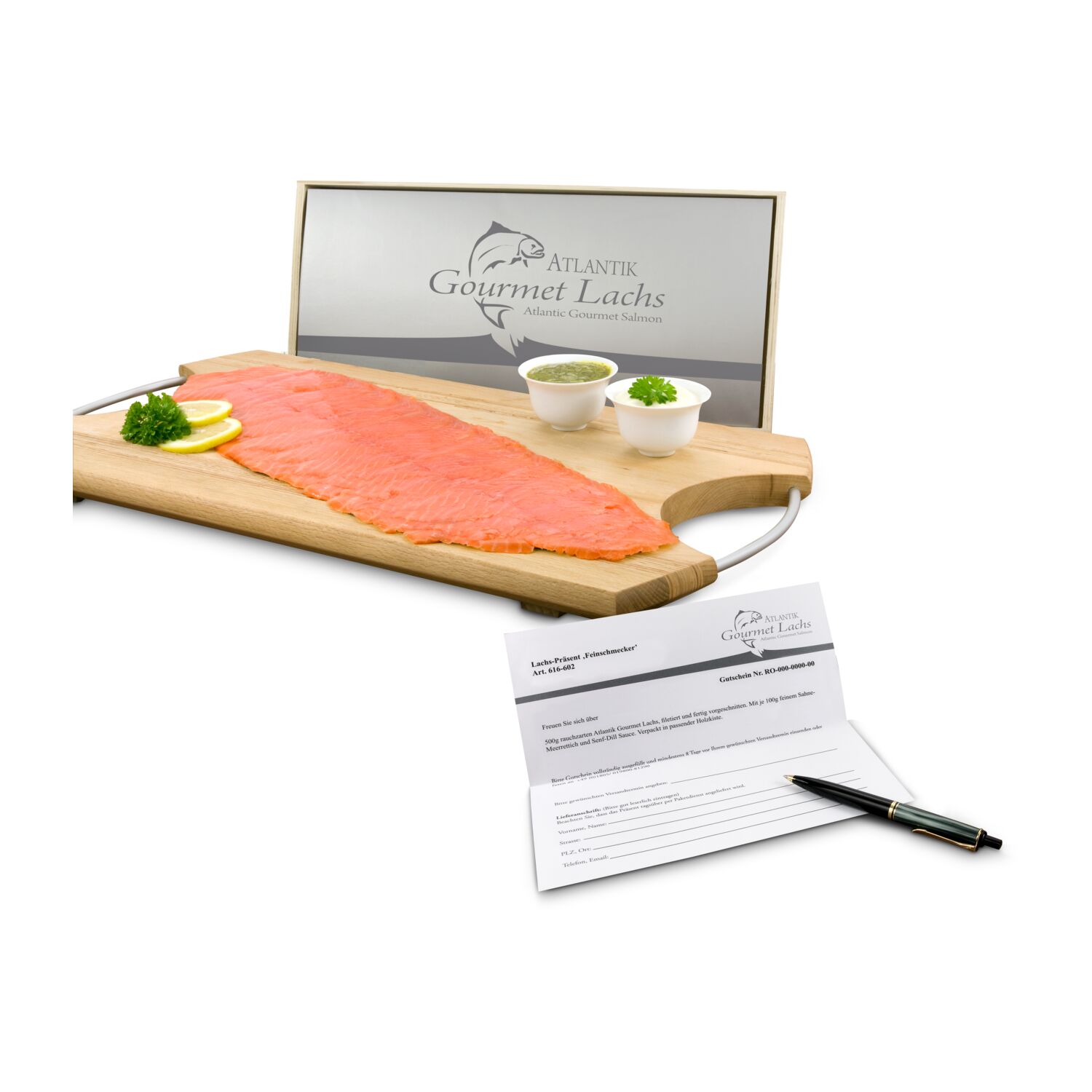 Gutschein für 500 g rauchzarten Atlantik Gourmet Lachs, filetiert & fertig vorgeschnitten. Mit feinem Sahne-Meerrettich und Senf-Dill Sauce.