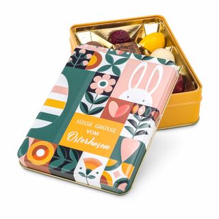 125 g Pralinen & Trüffel in einer bunten, österlichen Schmuckdose mit 3D-Prägung. Damit machen Sie großen & kleinen Osterhasen eine Freude!