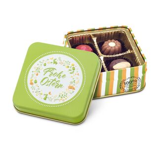 Der Osterhase bringt 50 g hochwertige Pralinen & Trüffel in einer bunten, österlichen Schmuckdose mit 3D-Prägung.