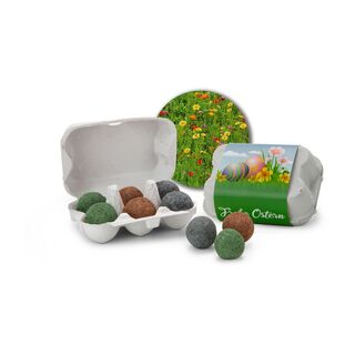 Osternest ohne Kalorien: Mini-Eierschachtel mit Frohe-Ostern Banderole und 6 farbigen Samenbomben für eine Bienenwiese