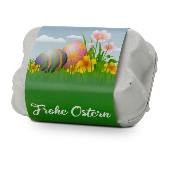 Osternest ohne Kalorien: Mini-Eierschachtel mit Frohe-Ostern Banderole und 6 farbigen Samenbomben für eine Bienenwiese