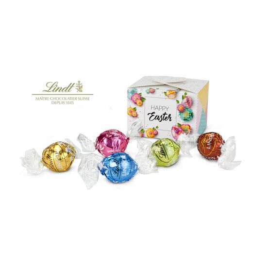 Diese kleine Pralinenschachtel enthält 5 Lindt-Lindor Kugeln in den Sorten Erdbeer-Sahne, Stracciatella, Pistazie, Weiße Schokolade & Nuss