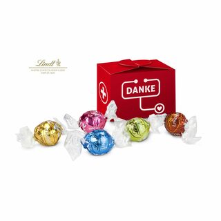 Diese kleine Pralinenschachtel enthält 5 Lindt-Lindor Kugeln in den Sorten Erdbeer-Sahne, Stracciatella, Pistazie, Weiße Schokolade & Nuss