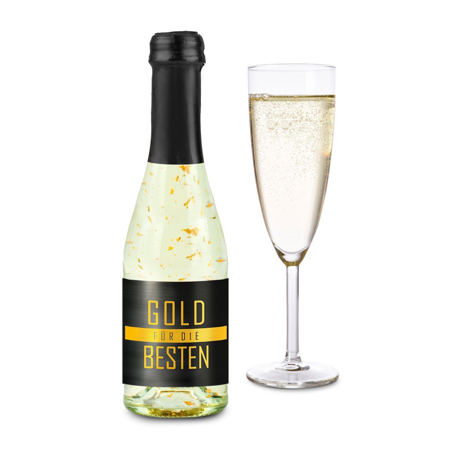 6 Piccolo Faschen Golden Flakes 0,2 l „Gold für die Besten” mit 22-karätigem lebensmittelechtem Blattgold, im 6er Karton, Alkohol 11% Vol.