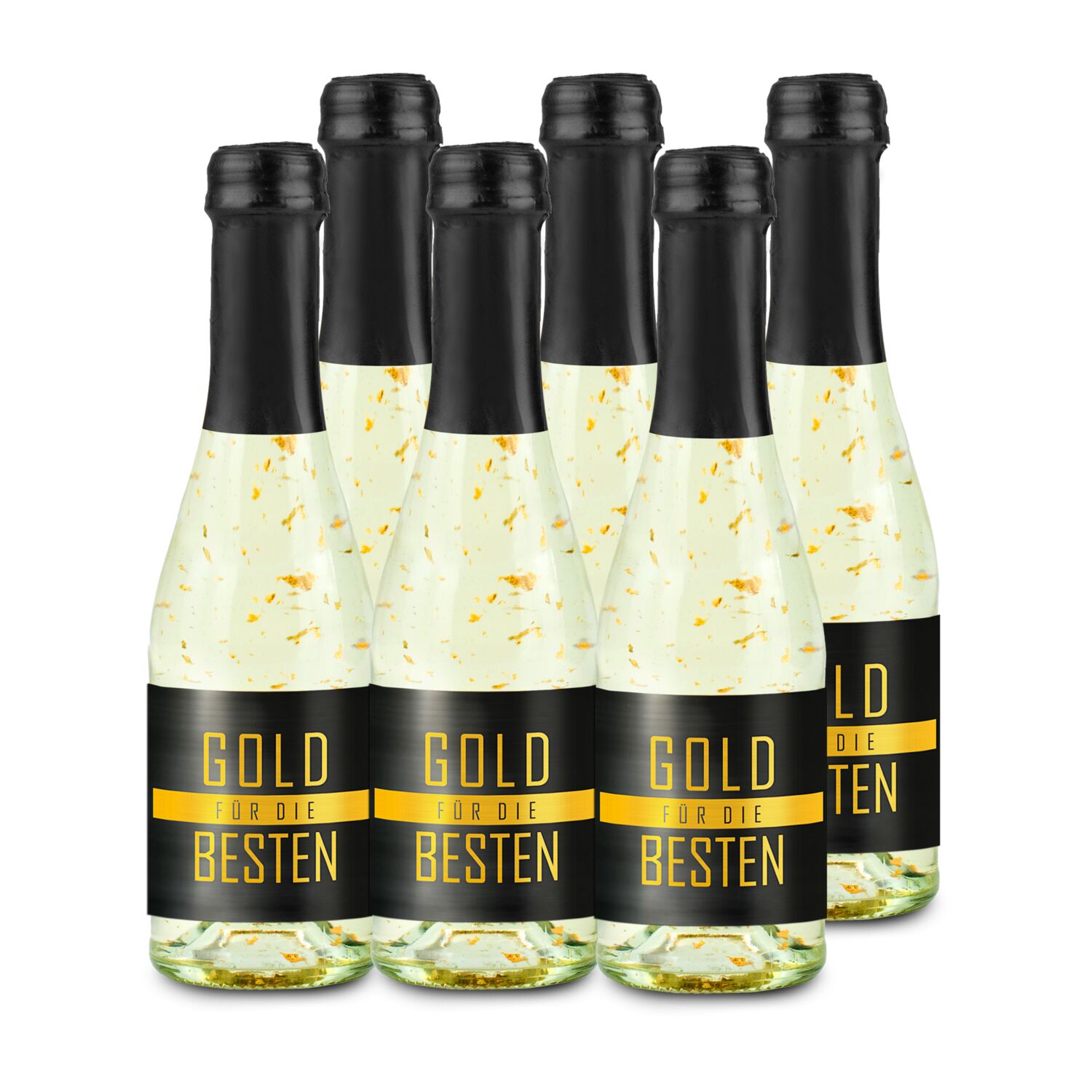 6 Piccolo Faschen Golden Flakes 0,2 l „Gold für die Besten” mit 22-karätigem lebensmittelechtem Blattgold, im 6er Karton, Alkohol 11% Vol.