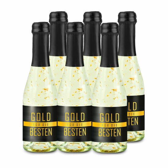 6 Piccolo Faschen Golden Flakes 0,2 l „Gold für die Besten” mit 22-karätigem lebensmittelechtem Blattgold, im 6er Karton, Alkohol 11% Vol.