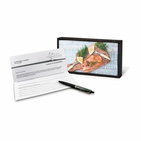 Gutschein in Holzkiste für 300 g rauchzarten Atlantik Gourmet Lachs mit passendem Weißwein (0,75 l), Meerrettich & Senf.