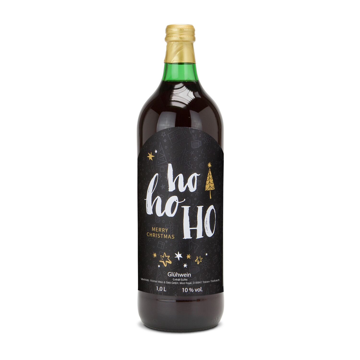 Glühwein - Flasche grün, 1 l - Motiv: HOHOHO 2K1941a