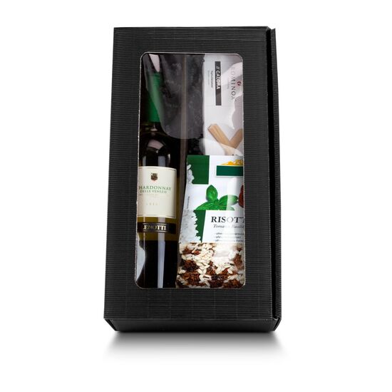 1 Flasche Chardonnay (0,75 l) und 1 Packung Risotto-Reismischung (200 g) kombiniert mit einem ROMINOX® Topfuntersetzer für das Reisgericht.