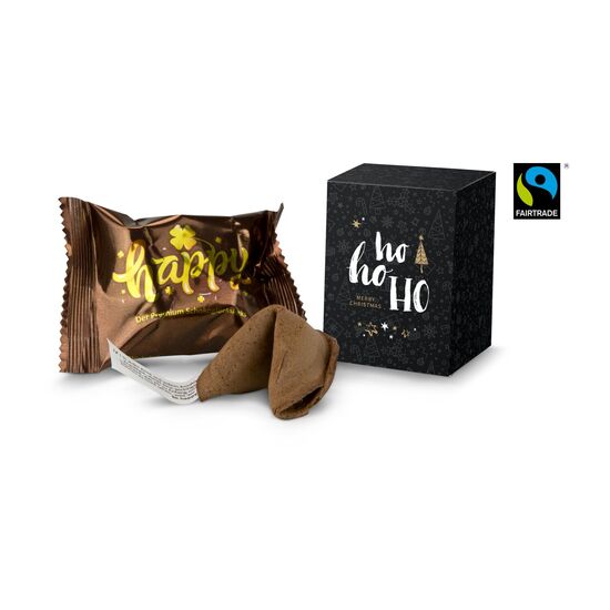 Schokoladen Glückskeks (6 g) verpackt in einer kleinen Schachtel mit „Ho Ho Ho“ Aufdruck. Hergestellt mit Fairtrade Kakao.