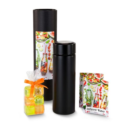 Die ROMINOX® Isolierflasche Calida (ca. 350 ml) kombiniert mit 6 bunten, wiederverwendbaren Eiswürfeln und einem Rezeptfaltblatt.