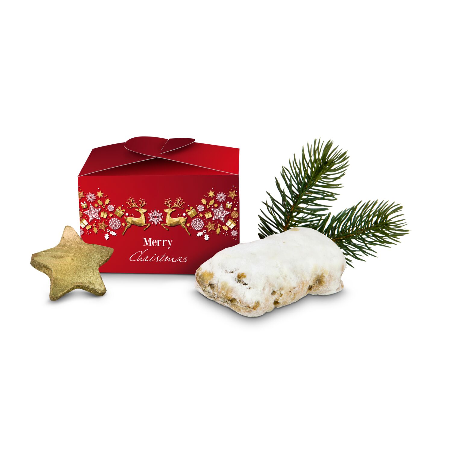 Ein 80 g Mini-Stollen in einer Pralinenverpackung mit „Merry Christmas” Aufdruck. Die Verpackung kann individuell gestaltet werden.