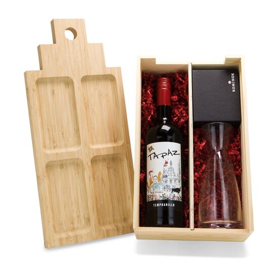 2in1 Holzkiste und Servierbrett befüllt mit 1 Flasche Tapaz Tempranillo Rotwein, 1 Weinkaraffe und 4 ROMINOX® Serviettenringen