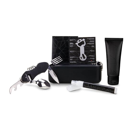Für Outdoor-Fans: Schwarze ROMINOX® Lunchbox mit 1 Multitool, 1 Outdoor-Besteck mit 6 Funktionen, 1 Handreinigungsspray & 1 Handcreme