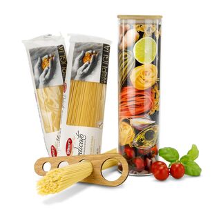 Buon appetito! 2 x 500 g Spaghetti, ein praktisches Spaghettimaß mit 4 Größen verpackt in einem ROMINOX® Spaghettiglas mit Bambusdeckel.