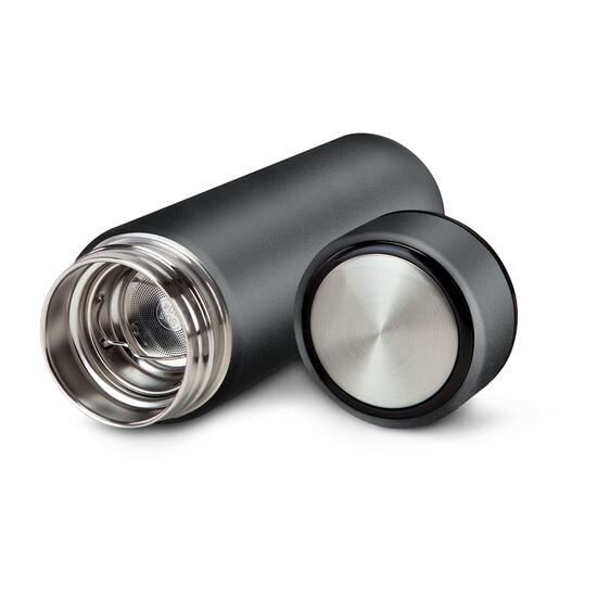 ROMINOX® Isolierflasche Calida (ca. 350 ml) kombiniert mit leckerem Früchtetee im Korkenglas (ca. 45 g). Im schwarzen Geschenkkarton.