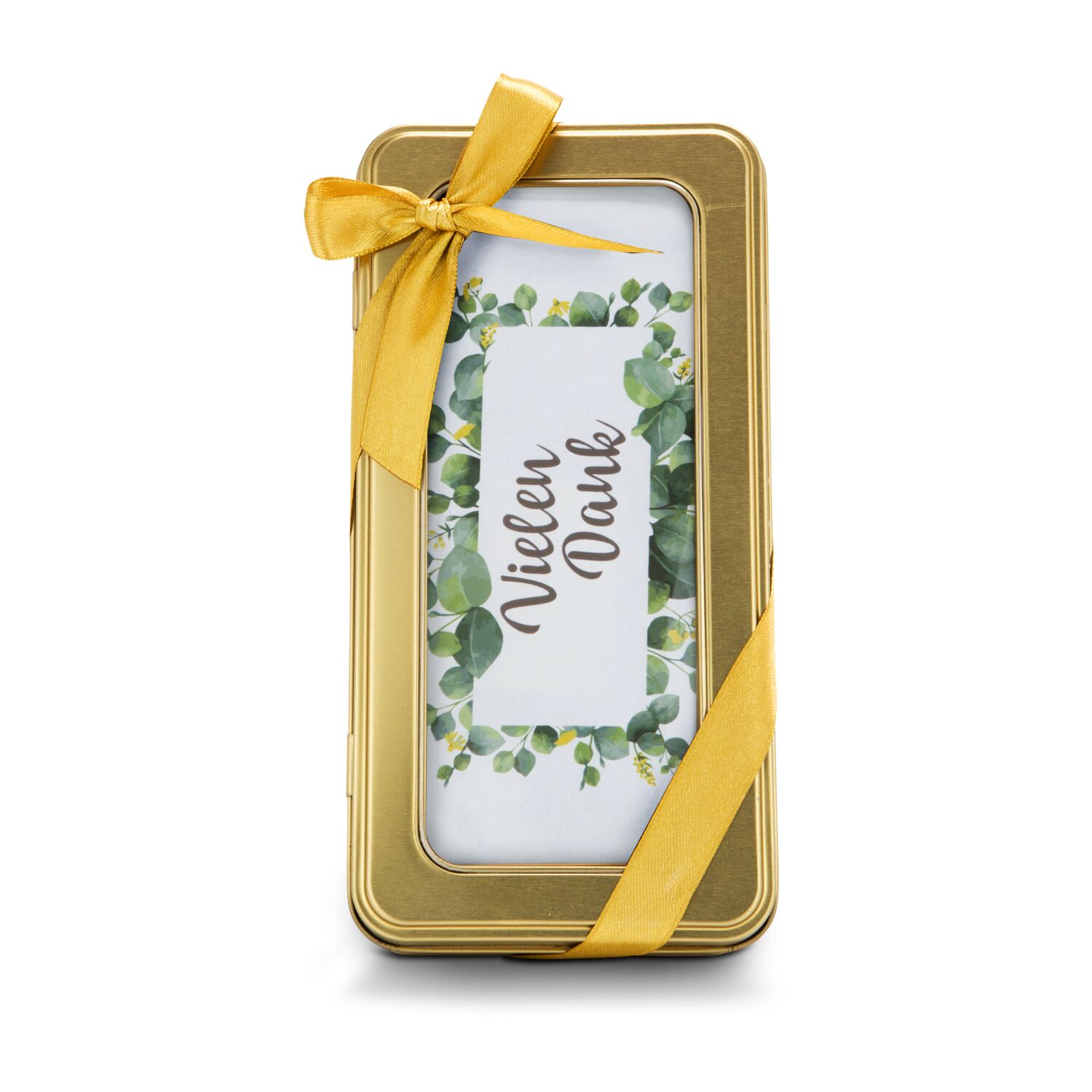 8 alkoholfreie Pralinen (100 g) verpackt in einer goldenen Dose mit Schleife und „Vielen Dank“ Einleger