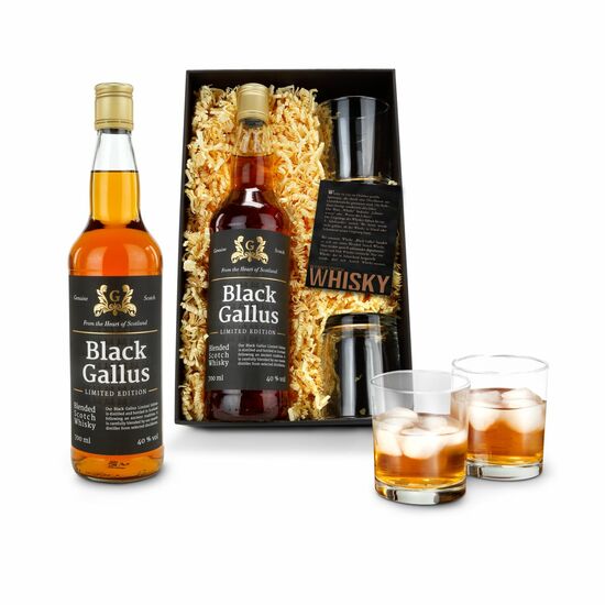 1 Black Gallus Limited Edition Whisky aus dem Herzen Schottlands kombiniert mit 2 Whiskygläsern und einem Info-Kärtchen
