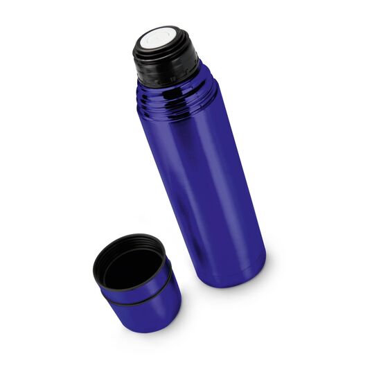 Blau in Blau: Eine blaue ROMINOX® Isolierkanne mit 2 Bechern (0,75 l) und 1 Flasche Glühwein (1 l) im blauen Geschenkkarton