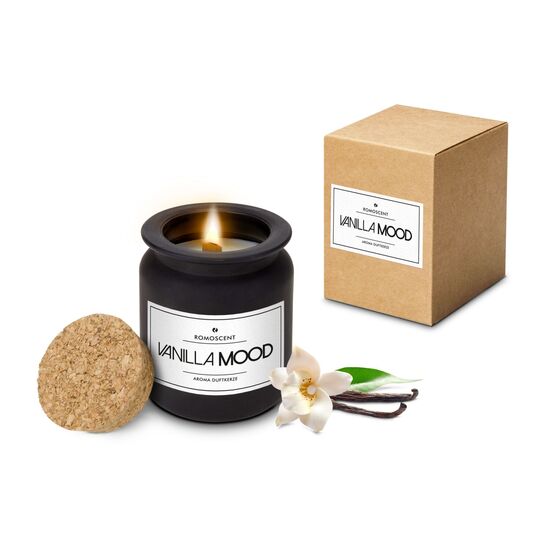 In der naturfarbenen Tüte mit "Feel Good" Aufkleber befinden sich ein Früchtetee Vanille-Sahne und eine ROMOSCENT® Aromakerze.