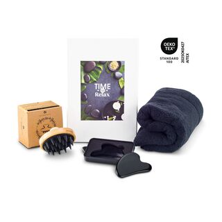 In dieser schönen Geschenkbox mit Aufkleber befinden sich ein Handtuch, eine Massagebürste und ein Gua Sha Massagestein.