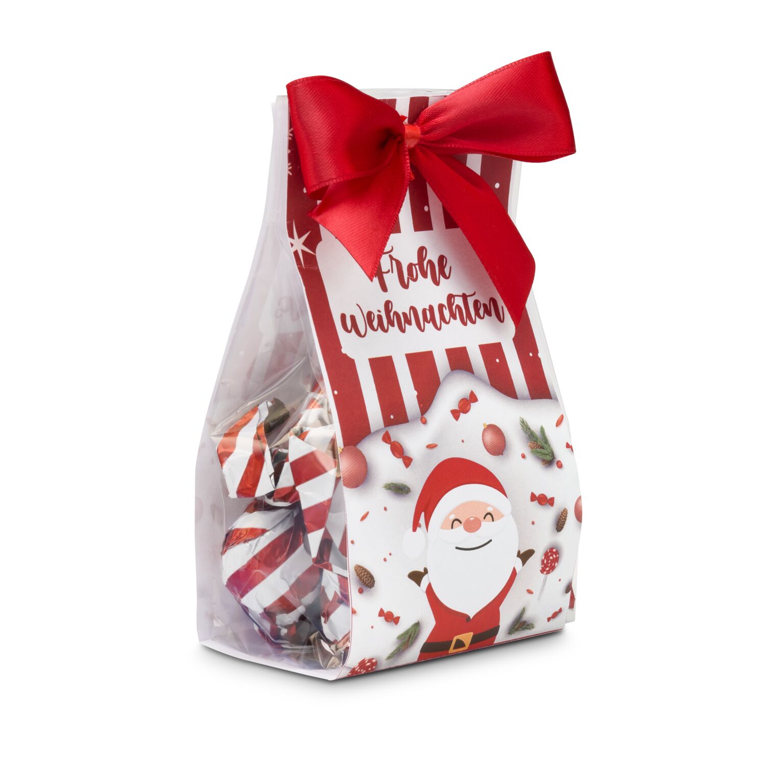 In dieser süßen Geschenktüte finden Sie 6 leckere Confiserie Nougatpralinen gewickelt in weiß-rot-gestreiftem Bonbonpapier.