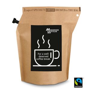 Wiederverwendbarer Werbe-Kaffee Beutel - kein Instant-Produkt! Fairtrade, ergibt ca. 300 ml. Mit individuellem Etikett ab 100 Stück
