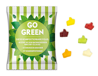 Fruchtgummi Standardformen 15 g Daumen hoch transparente kompostierbare Folie