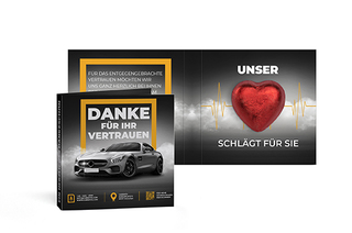 Werbekarte mit Lindt Schokoladen Herzl 5 g 7,5 g  rot