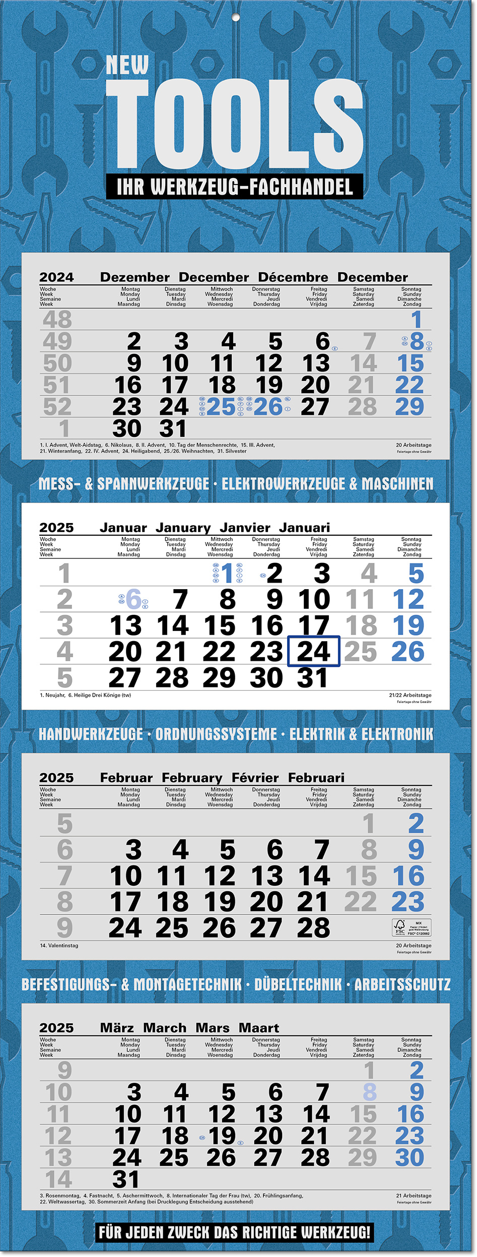 4-Monatsplaner "Ocean-4" mit deutsch-mehrsprachigem Kalendarium im Format 33 x 87,5 cm, grau/blau